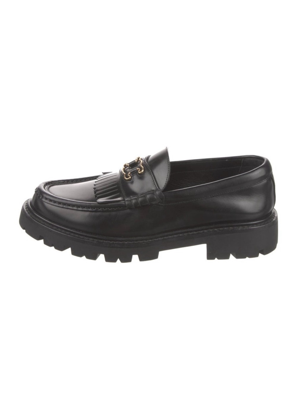 Celine Black Leather Chain-Link Accent Loafers